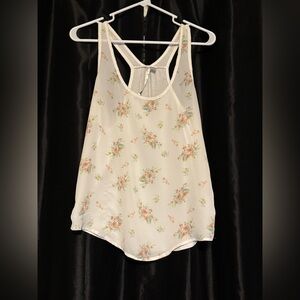 LC Lauren Conrad White Racerback Tank with Peach Floral Pattern